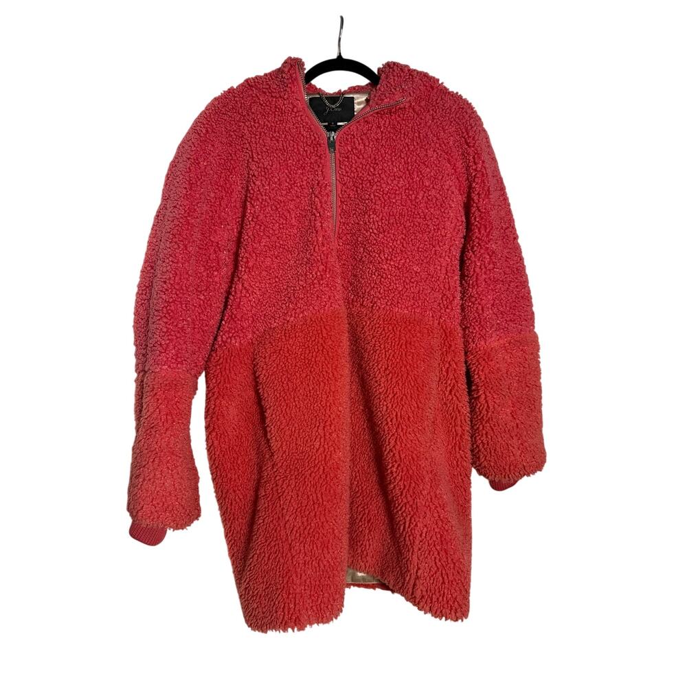 J.Crew Teddy Fleece Jacket Women's Size Small Pink Red Sherpa Hooded Full Zip